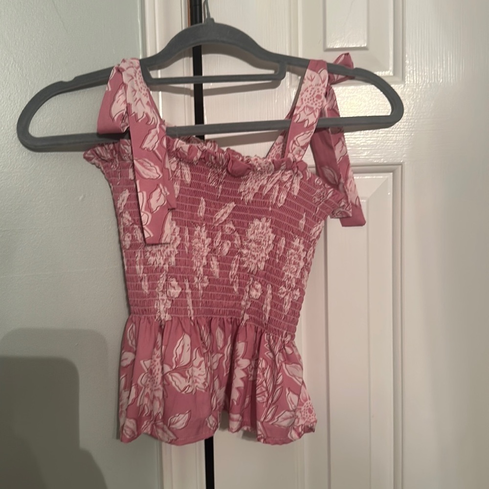 Pink floral strap smocked top